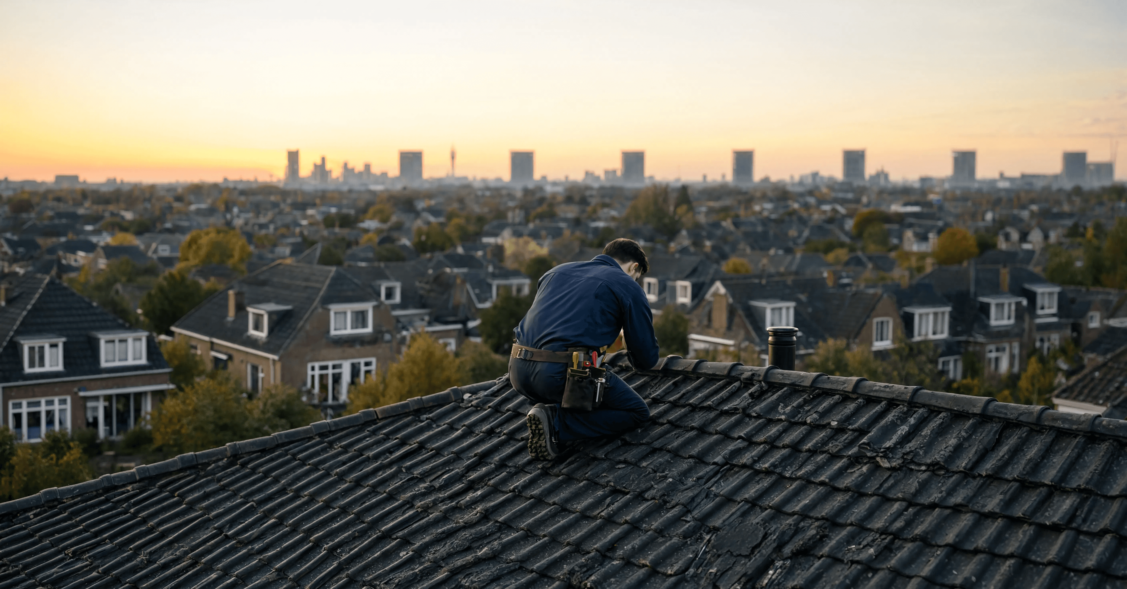 Dakinspectie op een pannendak bij zonsopkomst